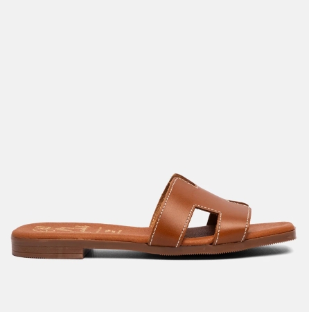 Дамски ежедневни чехли от естествена кожа камел 5566 Oh My Sandals